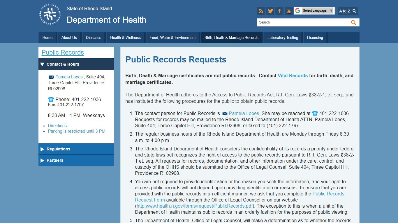 Public records requests: Department of Health - Rhode Island