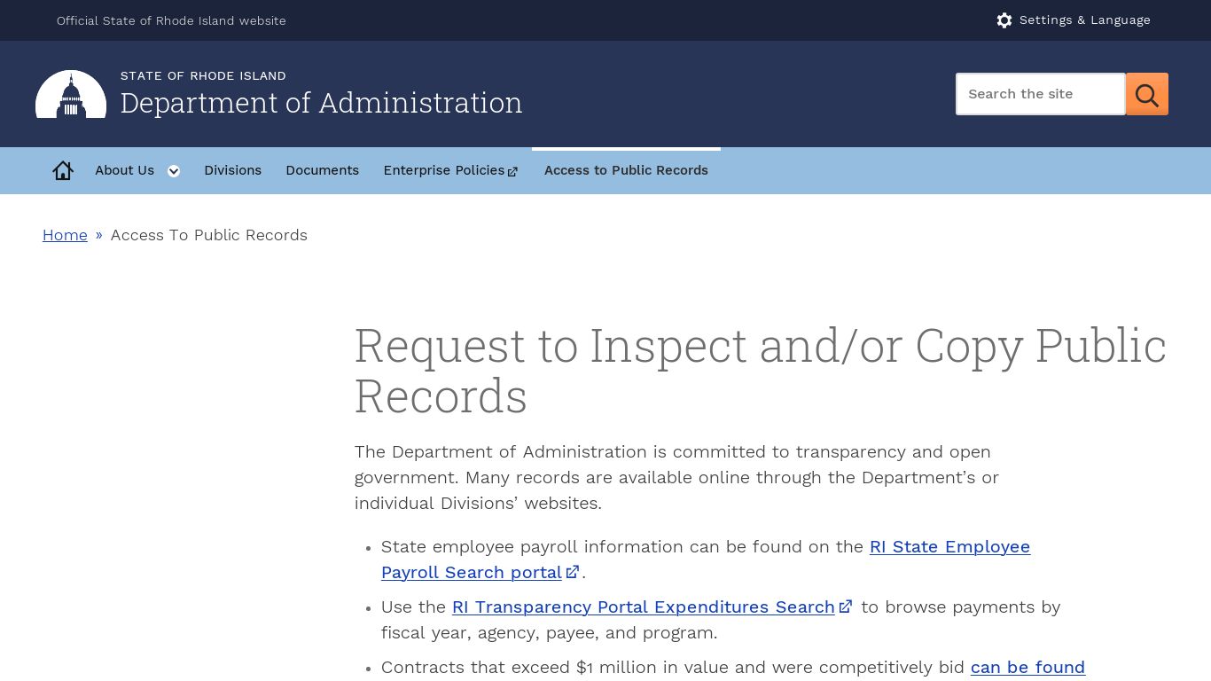 Request to Inspect and/or Copy Public Records - Rhode Island